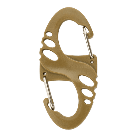 M-Tac Plast S-Krog Karabinhage i brun farve, dobbeltsidet design, ideel til nøgler og let udstyr. Perfekt til daglig brug og EDC-kit.