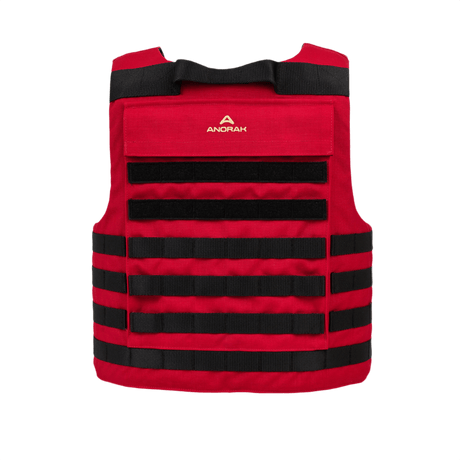 Rødt Anorak Instructor I Cover med PALS webbing til MOLLE udstyr, designet til politiet og militær funktionalitet.