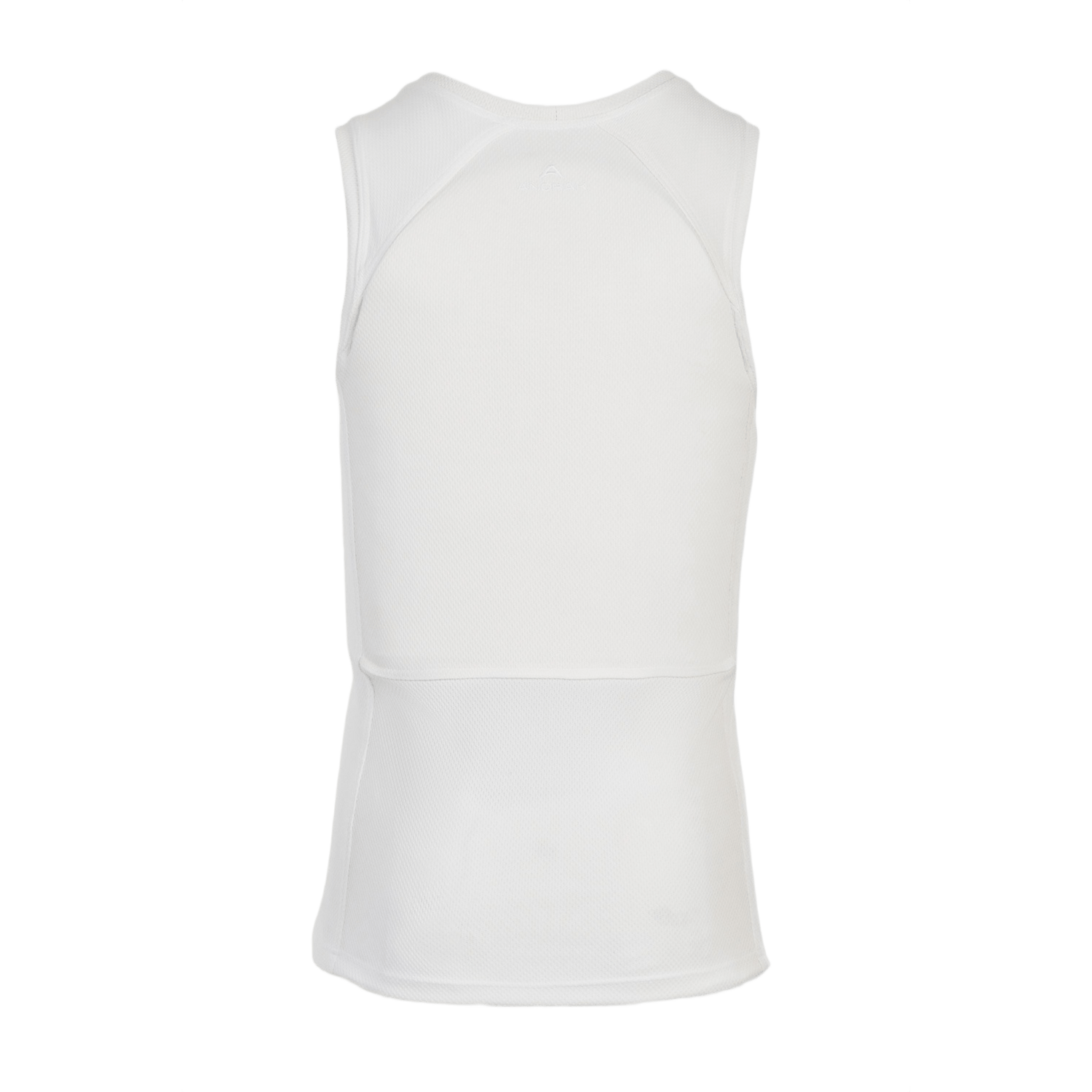 Anorak Rhodium® Undershirt II i hvid, set bagfra, designet til skjulbar beskyttelse mod knive og skud i overensstemmelse med NIJ 0101.06-standarden.