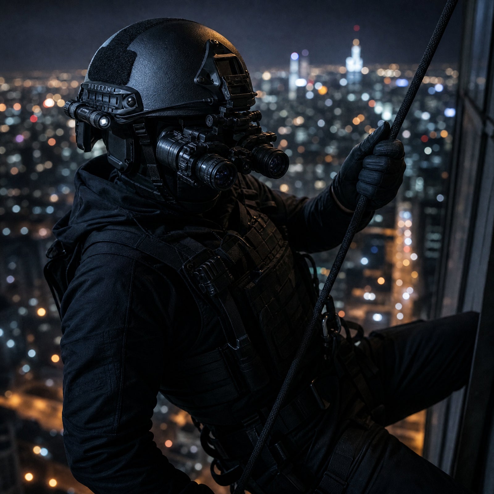 EA ARCH skudsikker hjelm khaki med nattesynsbriller og taktisk udstyr monteret — special forces operator i aktion