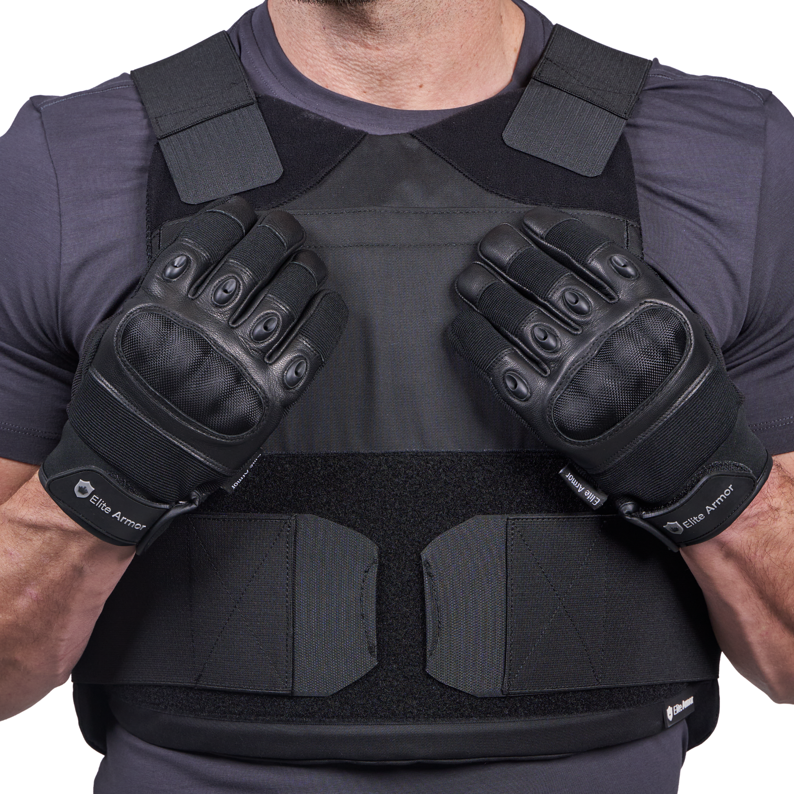 Detaljebillede med Elite Armor Impact vesten og performance Snitsikre Handsker