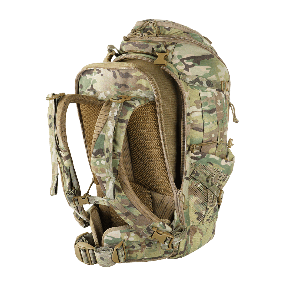 M-Tac Rygsæk Gen. III Elite – Small i slidstærk Cordura med MOLLE LASER CUT-system, front- og sidevisning, flercamouflage design.