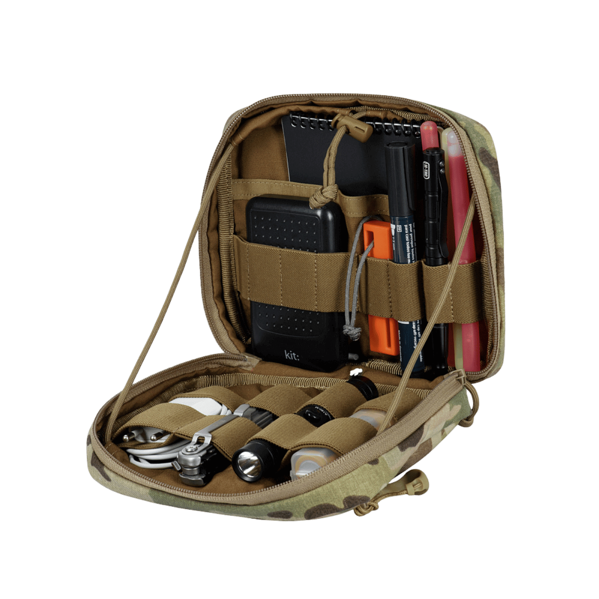 M-Tac organizer pouch Elite med åbent mønster til EDC-sæt og førstehjælpsudstyr i kamuflage farver med M.O.L.L.E.-systemet