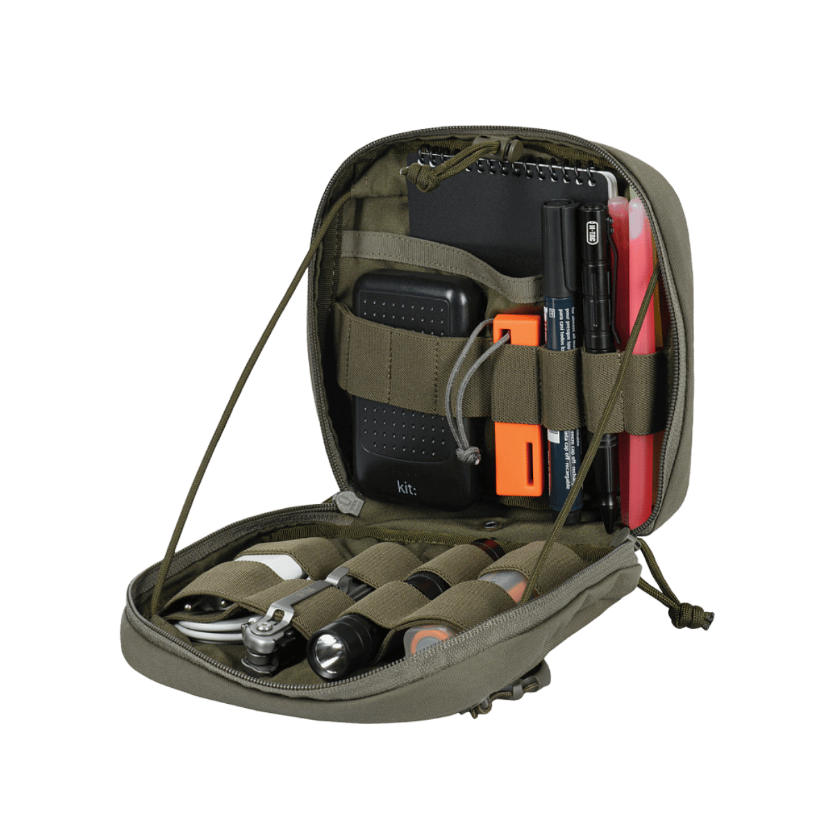 M-Tac organizer pouch Elite, taktisk holder med M.O.L.L.E.-system til førstehjælpsudstyr og EDC-sæt, åben i 90 grader.