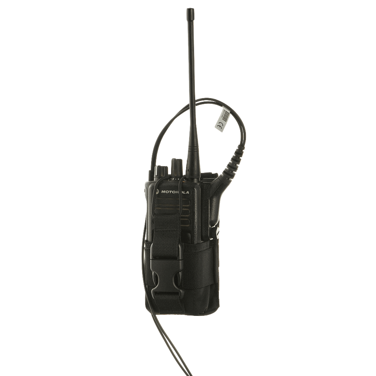 M-Tac Radio Pouch Motorola 4400/4800 med MOLLE-system til skuldermontering, åbne PTT-knap og mikrofon for nem adgang til radio.