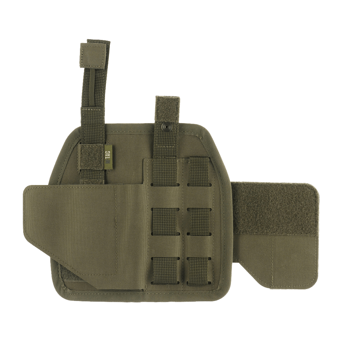 M-Tac Universal Taktisk Hylster Elite Højre i olivengrøn Cordura 500D med MOLLE-interface til justering og sikker fastholdelse af pistoler.