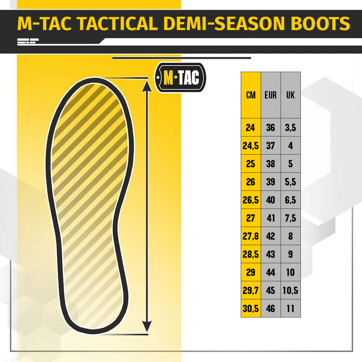 Størrelsesguide for M-Tac Taktiske Sæsonstøvler med EU, UK og CM målinger.