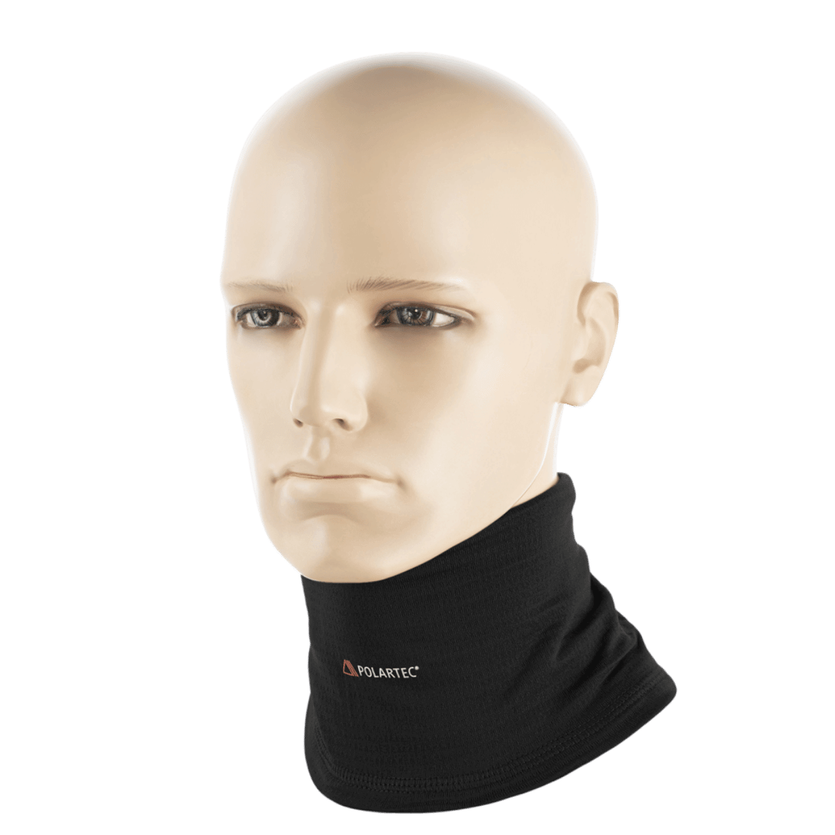 M-Tac Tube Scarf Polartec Power Grid i sort, slidstærkt fleece, vist som halsrør på mannequinhoved til beskyttelse mod kulde.