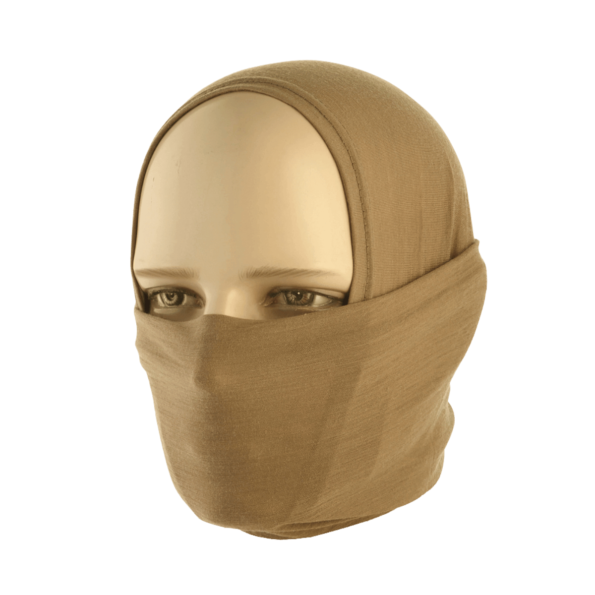 M-Tac Tubehalstørklæde i Merinould i brug som balaklava, lavet af australsk merinould for varmeisolering og komfort.