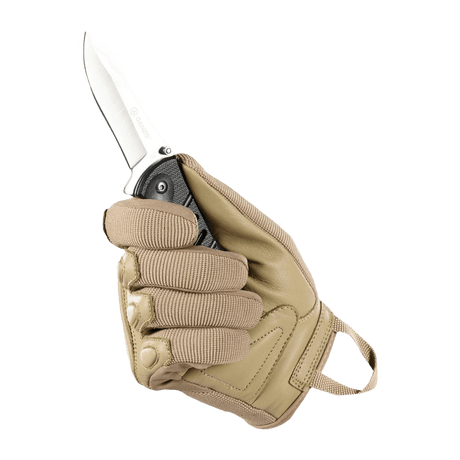 M-Tac Handsker Assault Tactical Mk.2 viser læderhandske med kniv for maksimal beskyttelse og komfort.