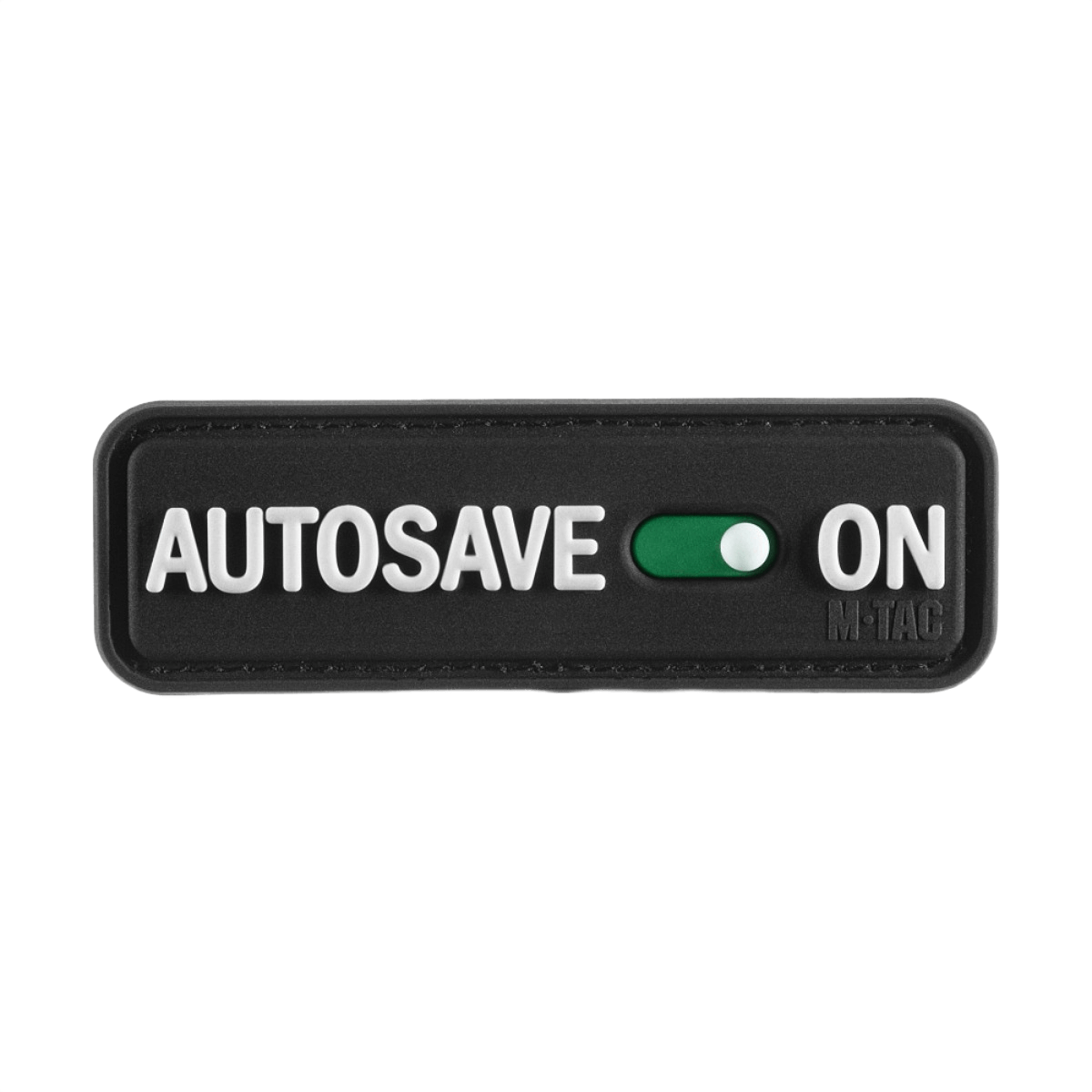 M-Tac Patch Autosave PVC med 3D-design og velcro bagside, sort rektangel med 'Autosave On' tekst, velegnet til taktisk udstyr.