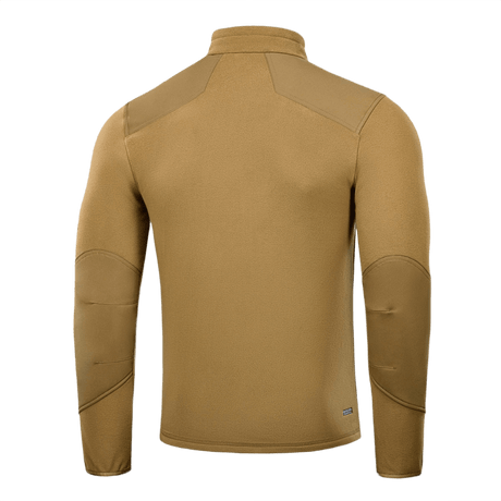 Bagside af M-Tac Centurion Microfleece Jakke i brun, designet til kuldeisolering og bevægelsesfrihed, med forstærkede skuldre.