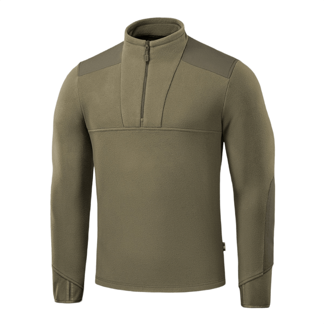 M-Tac Centurion Microfleece Jakke i olivengrøn med forstærkede skuldre og YKK-lynlås, designet til varme og bevægelighed i kolde omgivelser.