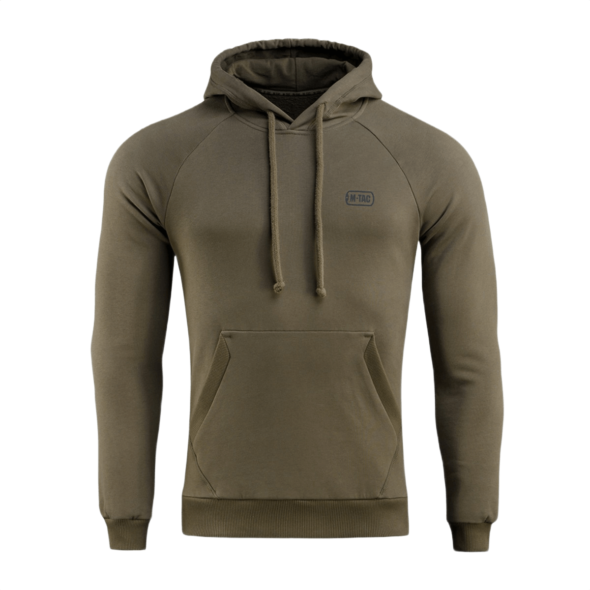 M-Tac Cotton Raglan Hard Hoodie i olivengrøn med raglanærmer og kængurulomme, perfekt til efterår og vinter, lavet af 100% bomuld med fleecefor.
