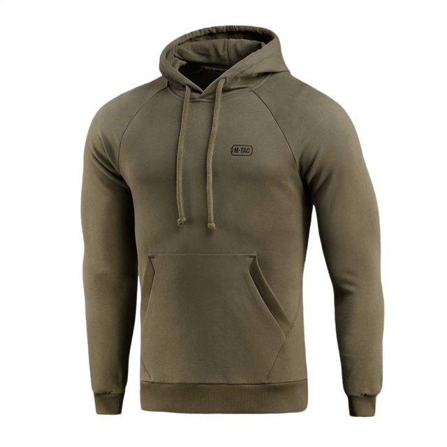M-Tac Cotton Raglan Hard Hoodie i olivenfarve, 100% bomuld, fleecefor, raglanærmer, kængurulomme, egnet til efterår og vinter.