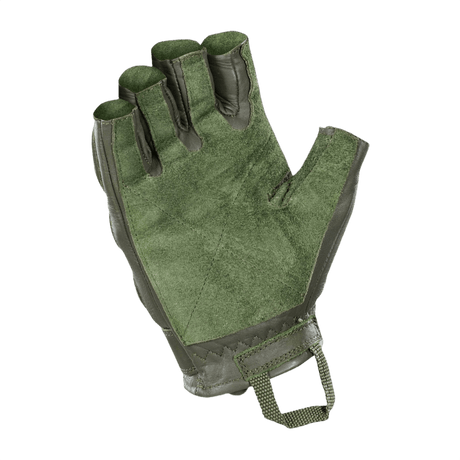 Grøn M-Tac Fingerløse Handsker Assault Tactical Mk.1 med forstærket læderhåndflade og velcrolukning.