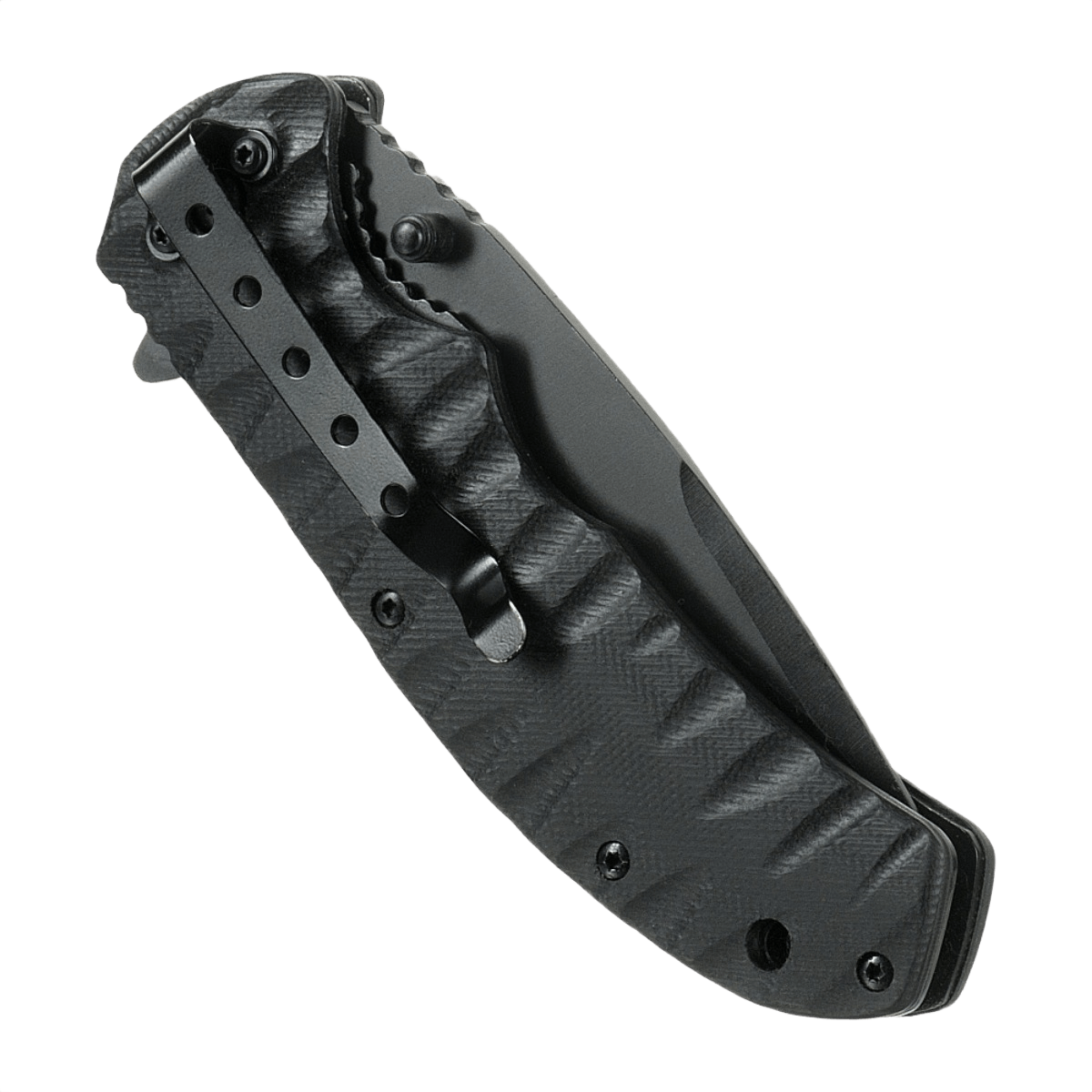 M-Tac Outdoor & Militær foldekniv - Type 4 i sammenfoldet tilstand med sort G10-håndtag for holdbarhed og skæreeffektivitet.