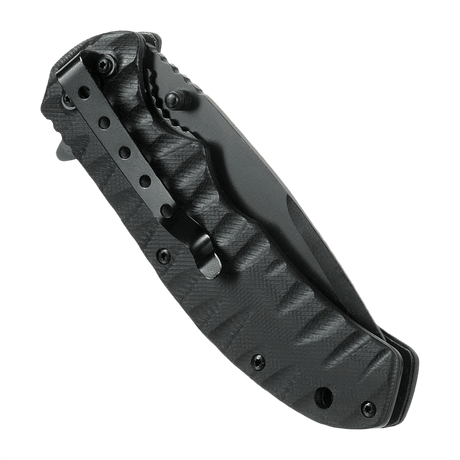 M-Tac Outdoor & Militær foldekniv - Type 4 i sammenfoldet tilstand med sort G10-håndtag for holdbarhed og skæreeffektivitet.