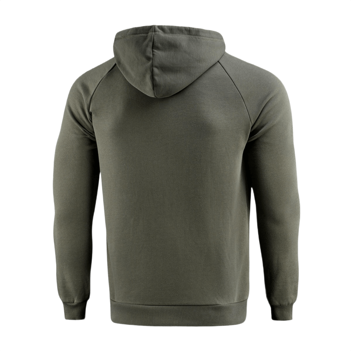 M-Tac Cotton Raglan Hard Hoodie i oliven fra bagsiden med raglanærmer og hætte i 100% bomuld.