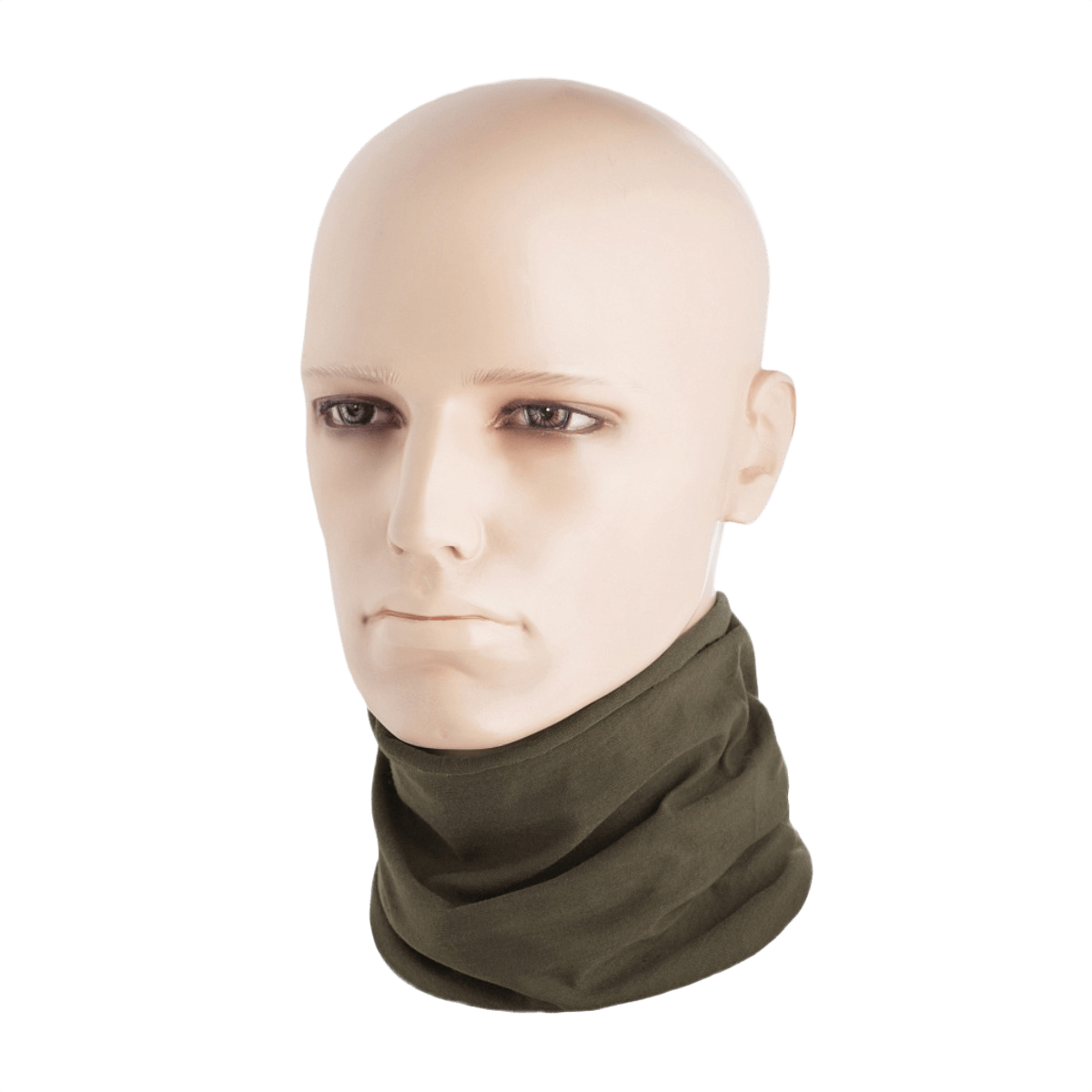 M-Tac Let Tubehalstørklæde i olivengrøn, vist på mannequinhoved. Alsidigt, let og hurtigtørrende tilbehør til udendørs aktiviteter.