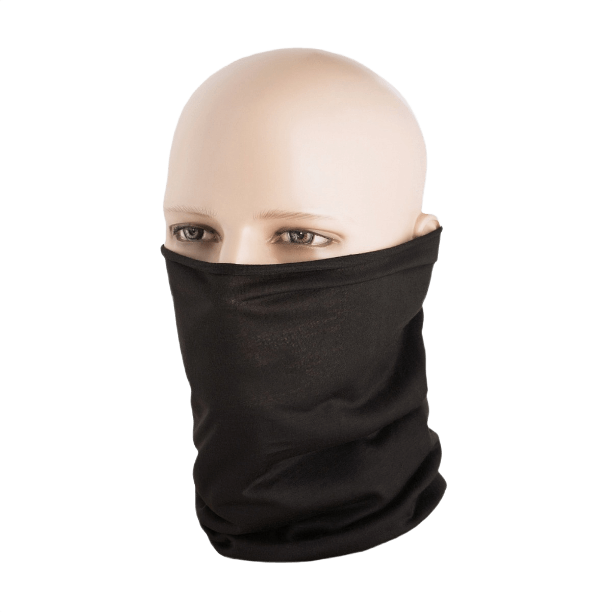 Person iført M-Tac Let Tubehalstørklæde i sort, multifunktionelt tilbehør til airsoft, vandreture og cykling, lavet af let polyester.