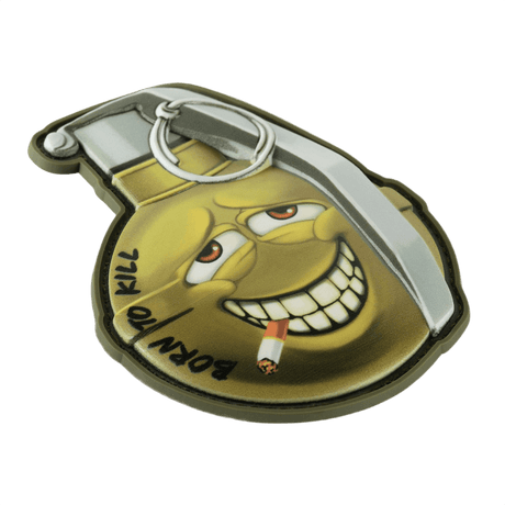 M-Tac Patch M67 Granat 3D PVC med "Born to Kill" emoji, taktisk PVC patch med velcro. Størrelse: 8.8 x 6.8 cm, perfekt til udstyr.
