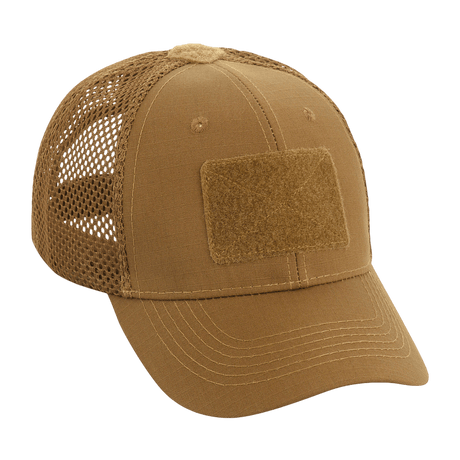 M-Tac Mesh Flex Ripstop Baseball Cap med Velcro i khakifarve med Velcro-panel foran og mesh-sider for god ventilation og komfort.