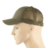 M-Tac Mesh Flex Ripstop Baseball Cap i olivengrøn med åndbare mesh-paneler set fra siden, ideel til udendørs brug og maksimal komfort.