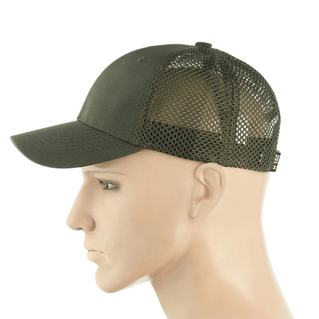 M-Tac Mesh Flex Ripstop Baseball Cap i grøn farve med mesh paneler for ventilation og justerbar Velcro-strop til udendørs brug.