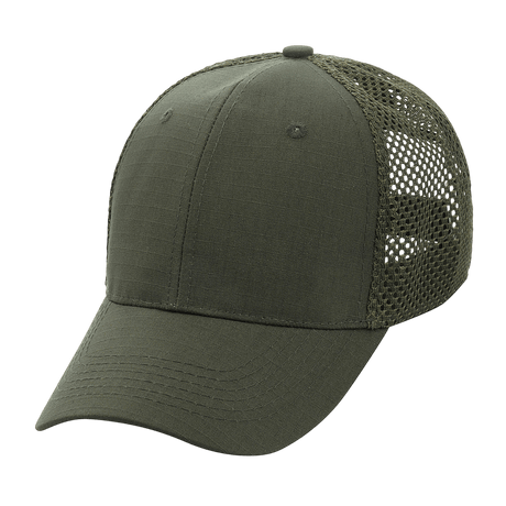 M-Tac Mesh Flex Ripstop Baseball Cap i olivengrøn med ripstop front og mesh-paneler, justerbar Velcro-strop, ideel til udendørs brug.