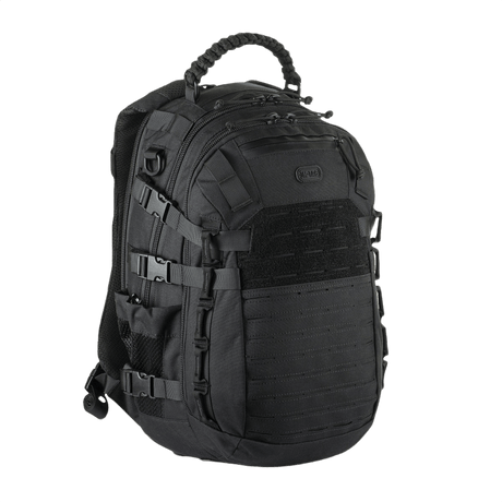 M-Tac Mission Pack Rygsæk i slidstærkt sort nylon med MOLLE laser cut system, designet til taktisk brug og outdoor-aktiviteter.
