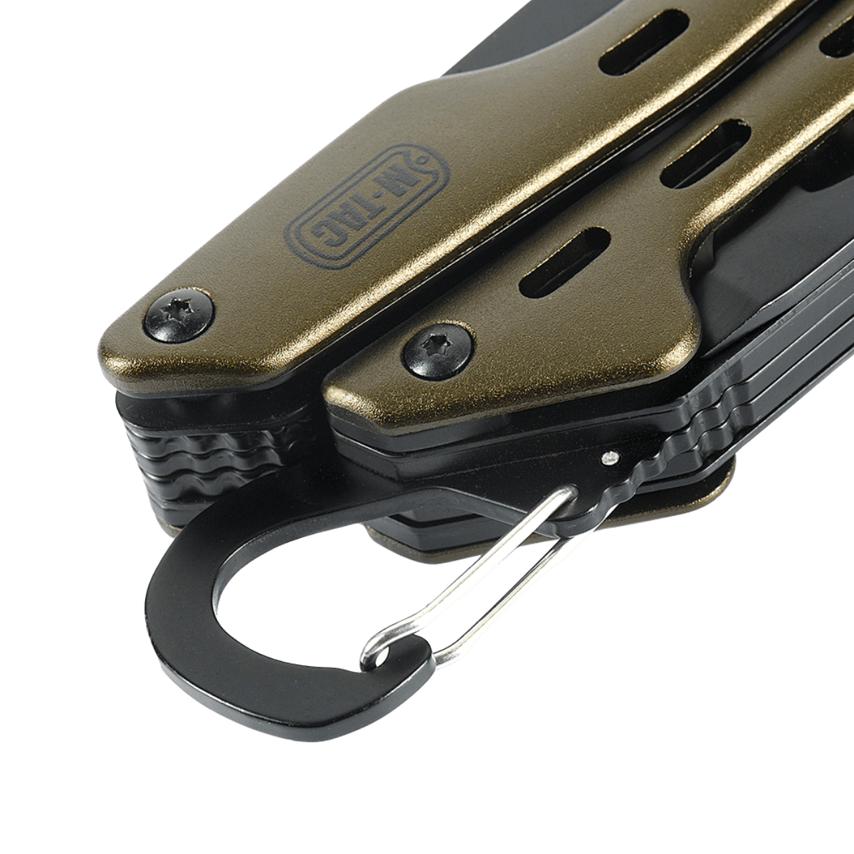 M-Tac Multiværktøj Type 5 i rustfrit stål med krog og tang, ideel til udendørs eventyr og daglig brug.