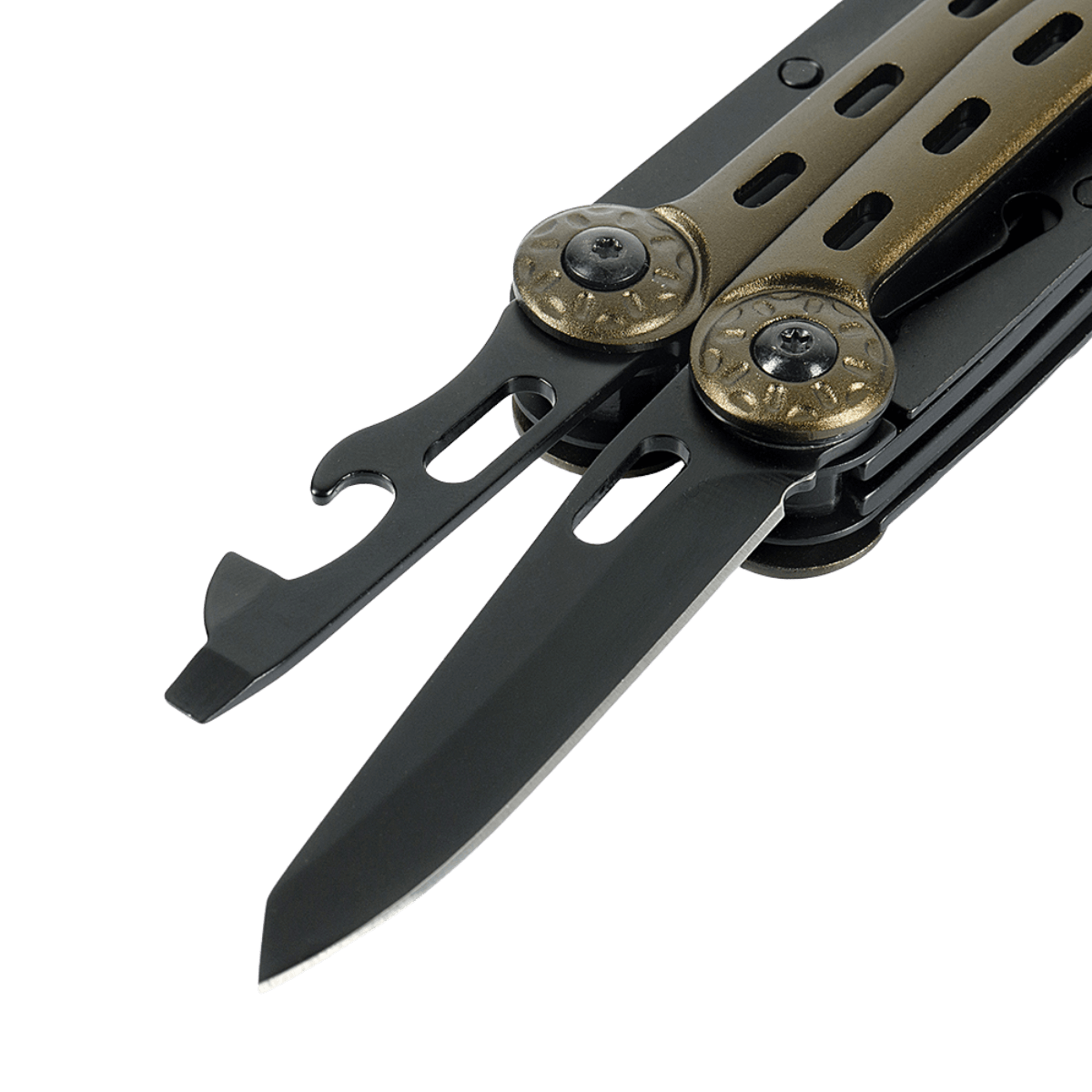 M-Tac Multiværktøj Type 5 med indbygget kniv og værktøjer lavet af rustfrit stål til camping og udendørsaktiviteter.