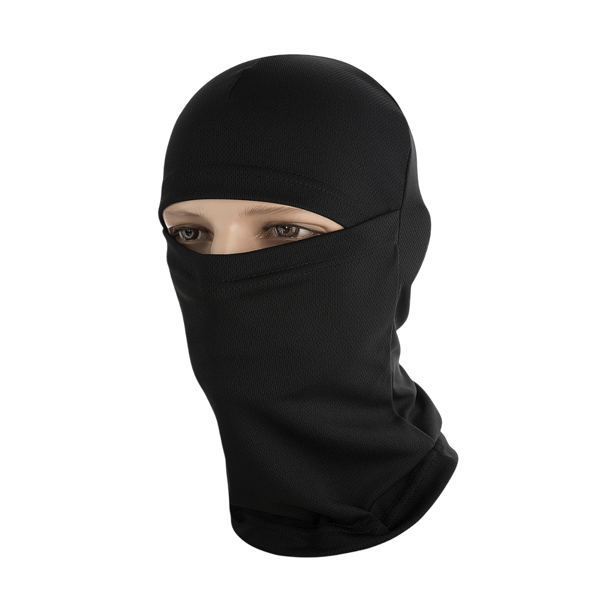 M-Tac Sweating Ninja-Balaclava i sort polyester, designet til åndbarhed og fugtstyring, ideel til udendørs aktiviteter.
