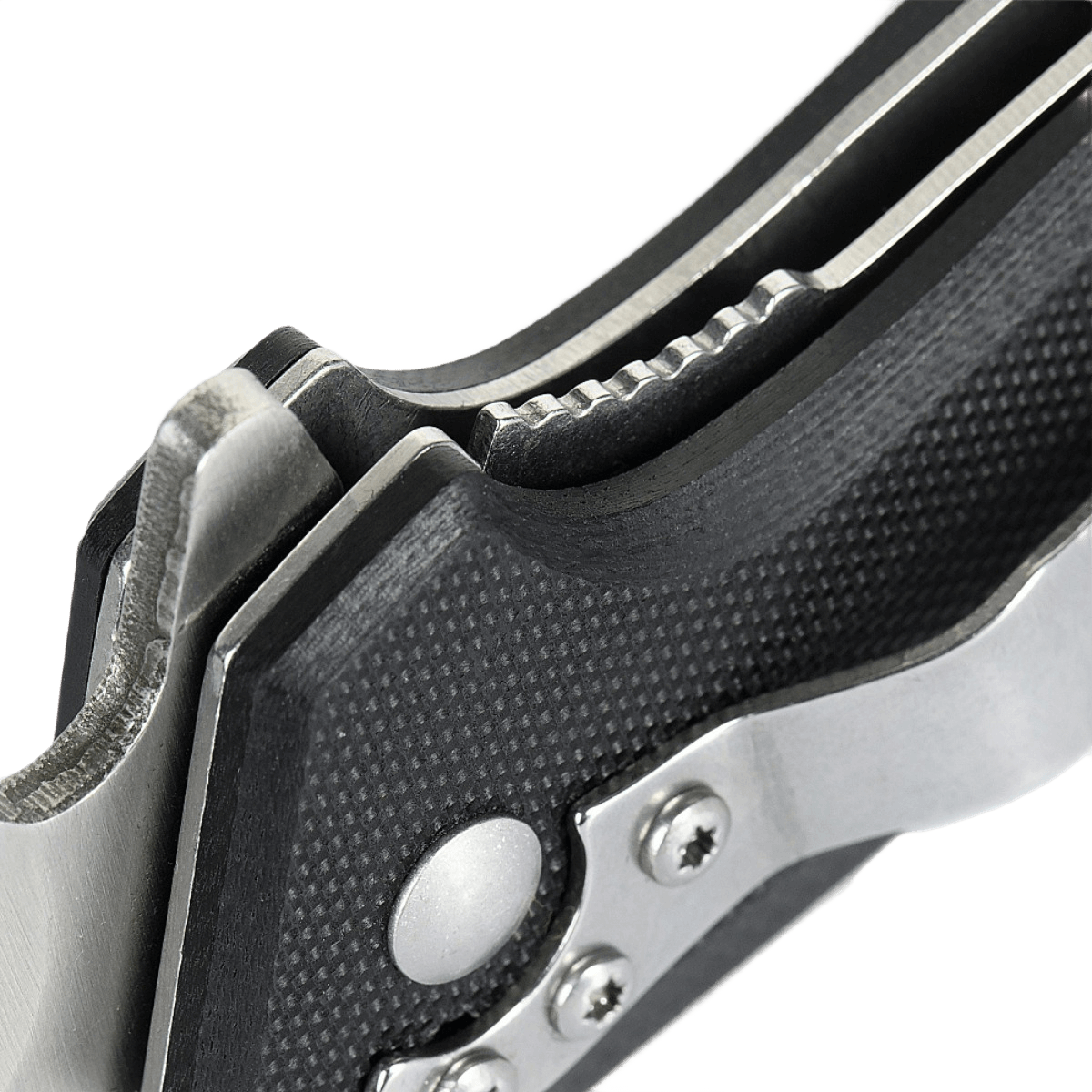 Detalje af M-Tac Outdoor & Militær foldekniv - Type 5, krom rustfrit stål klinge med skridsikkert G10-komposit håndtag.