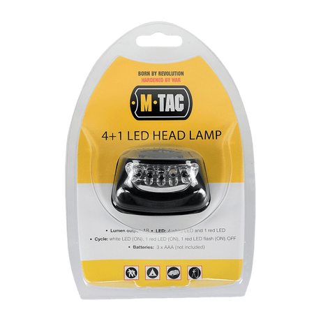 Emballage til M-Tac Pandelygte 4+1 LED med funktioner og batterikrav angivet i teksten.