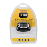Emballage til M-Tac Pandelygte 4+1 LED med funktioner og batterikrav angivet i teksten.