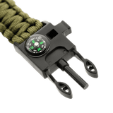 M-Tac Paracord Armbånd med Ildstarter, Kompas og Fløjte i grøn farve med nøglefunktioner, perfekt til friluftsliv og overlevelse.