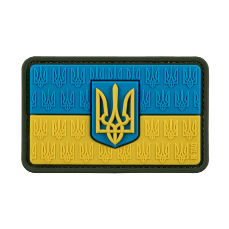 M-Tac Patch Ukraine Flag med Våbenskjold med Trident design, PVC konstruktion, 8x5 cm, velcro bagside, holdbar i Cordura 500D, patriotisk stil