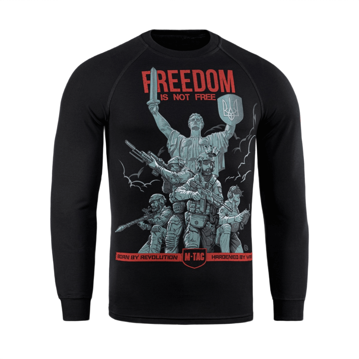M-Tac Raglan Freedom trøje med print af ukrainske soldater og Moderlandet, symbol på styrke og mod, ideel til daglig brug.