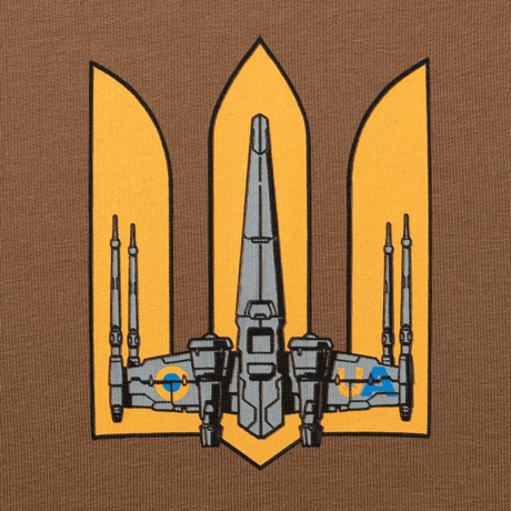 Design på M-Tac Raglan T-Shirt UA Side med sci-fi rumskib i stilfuldt print på brun baggrund, fremhæver kvalitet og unik stil.