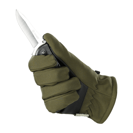 M-Tac Handsker Soft Shell Thinsulate med forstærket håndflade holder en kniv, ideel til udendørs aktiviteter i koldt vejr.