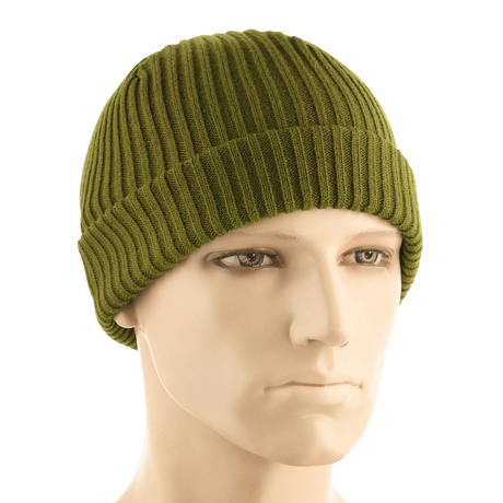 M-Tac Watch Cap 100% Akryl strikket hue i olivengrøn, lav profil med dobbelt opslag til ekstra varme, velegnet til koldt vejr.