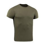 M-Tac Tactical Sweat-Wicking T-Shirt Summer i olivenfarve, 100% polyester, ideel til varme sæsoner, svedtransporterende og hurtigtørrende materiale.