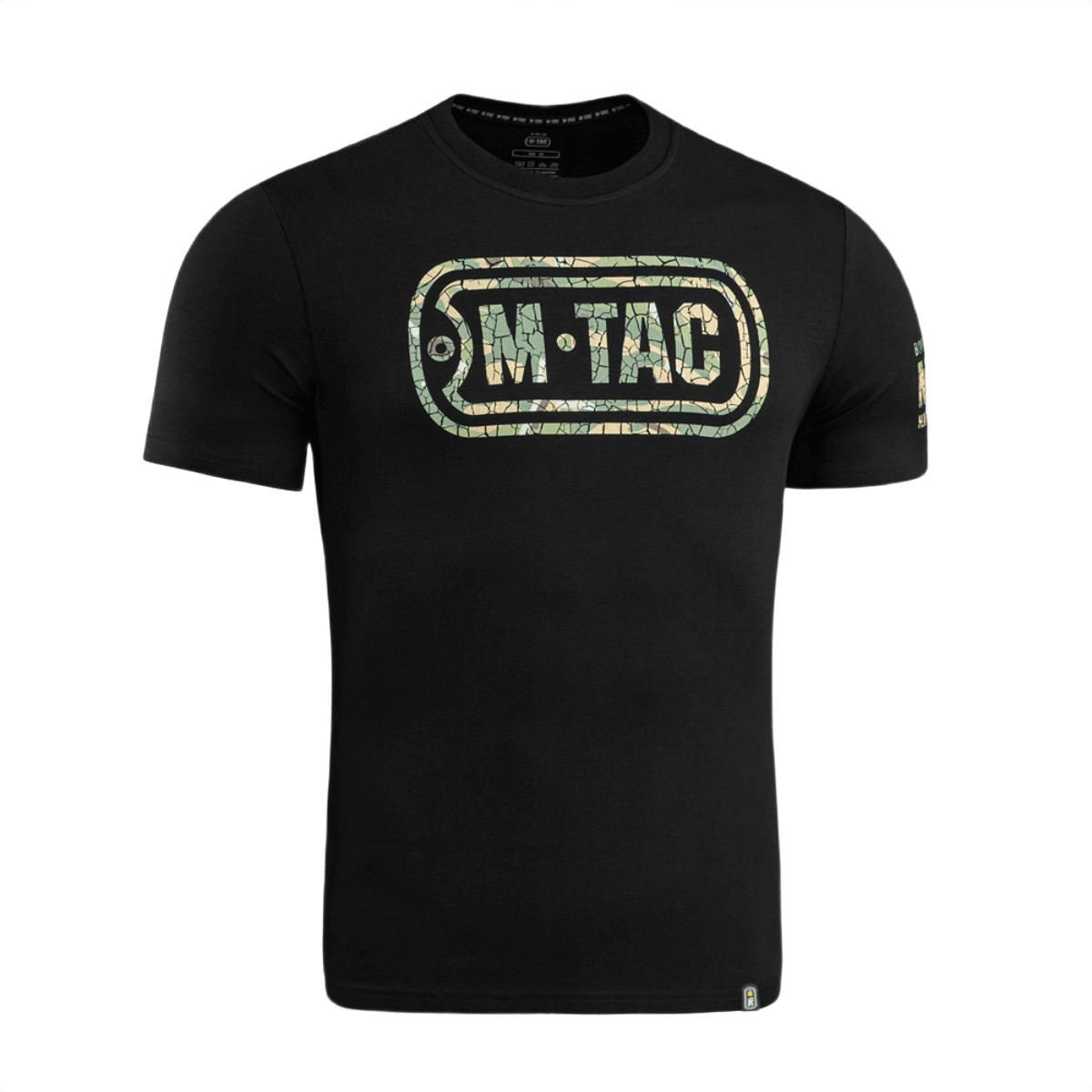 Sort M-Tac T-Shirt Logo i camouflage med slogan "Born by Revolution" på ærmet og tekst "Military&Tactical Since 2014" på ryggen.