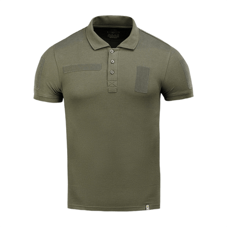 M-Tac Tactical Polo Shirt 65/35 i olivengrøn med velcro-paneler til patches, ideel til politi og sikkerhedspersonale uniformsbrug.