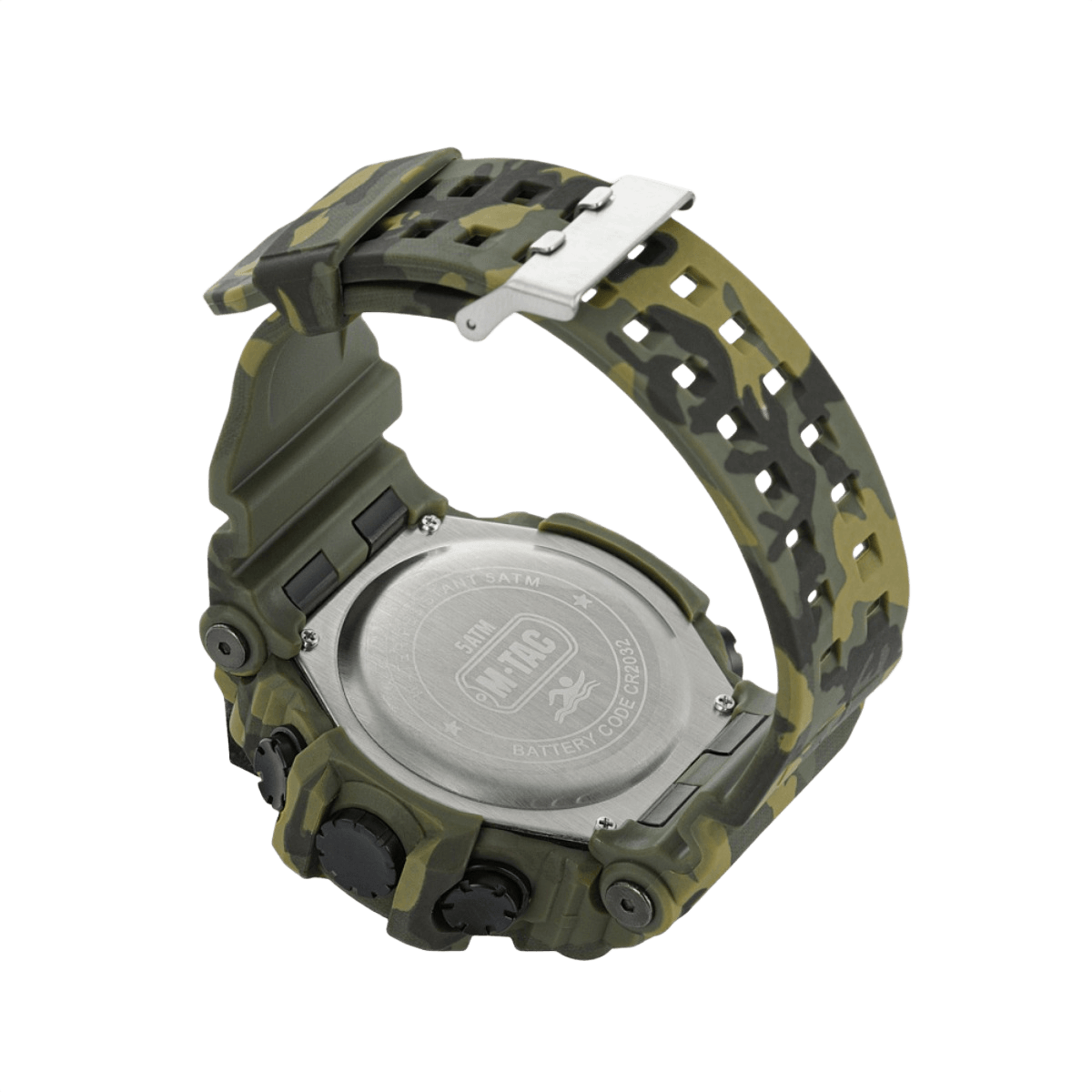 M-Tac Tactical Ur 2037 med stål bagcover, 5ATM vandtæt, camo-rem, ideel til outdoor og taktisk brug.