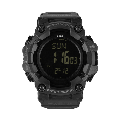 M-Tac Tactical Ur 2037 sort digital ur med kompas, LED-baggrundsbelysning og 5ATM vandmodstand, ideelt til outdoor og taktisk brug.