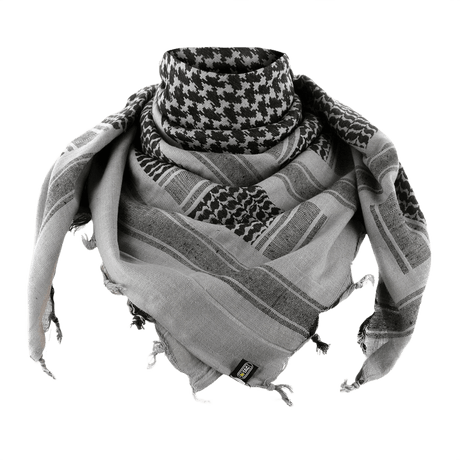 M-Tac Tæt Shemagh Tørklæde i gråt og sort mønster, 100% bomuld, 110x110 cm, beskytter mod sol, sand og vind til taktisk og outdoor brug.