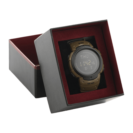 M‑Tac Taktisk Compass Ur i gaveæske, velegnet til udendørs eventyr, vandtæt med elektronisk kompas og stopur funktioner.